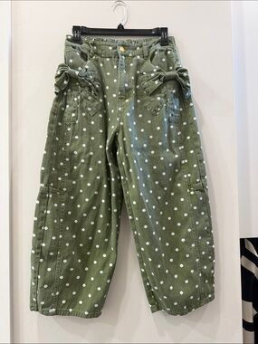 Olive Green Polka Dot Cropped Jeans with Side Bows